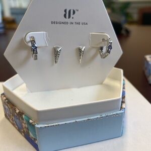 NWT Bomb Party earrings Dec 23 Bday 2 pr Tanzanite CZ Rhodium Plating MSRP $148